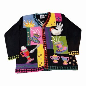 Vtg 90s Storybook Knits Morning Brew Coffee Cardigan Sweater Tea Grannycore L
